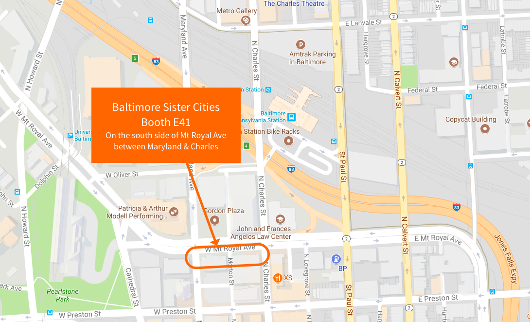 Map of area near MICA and UB, showing the location of the Sister Cities Booth