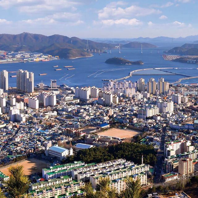 Changwon City with harbor and mountains in the background