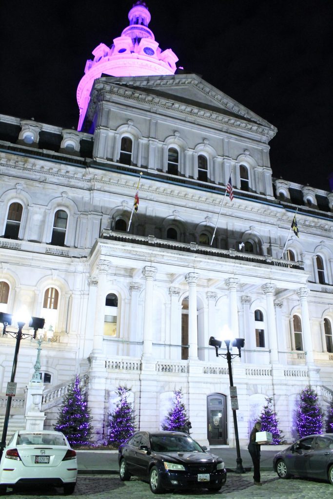 Baltimore City Hall decorated in purple colors in January 2020