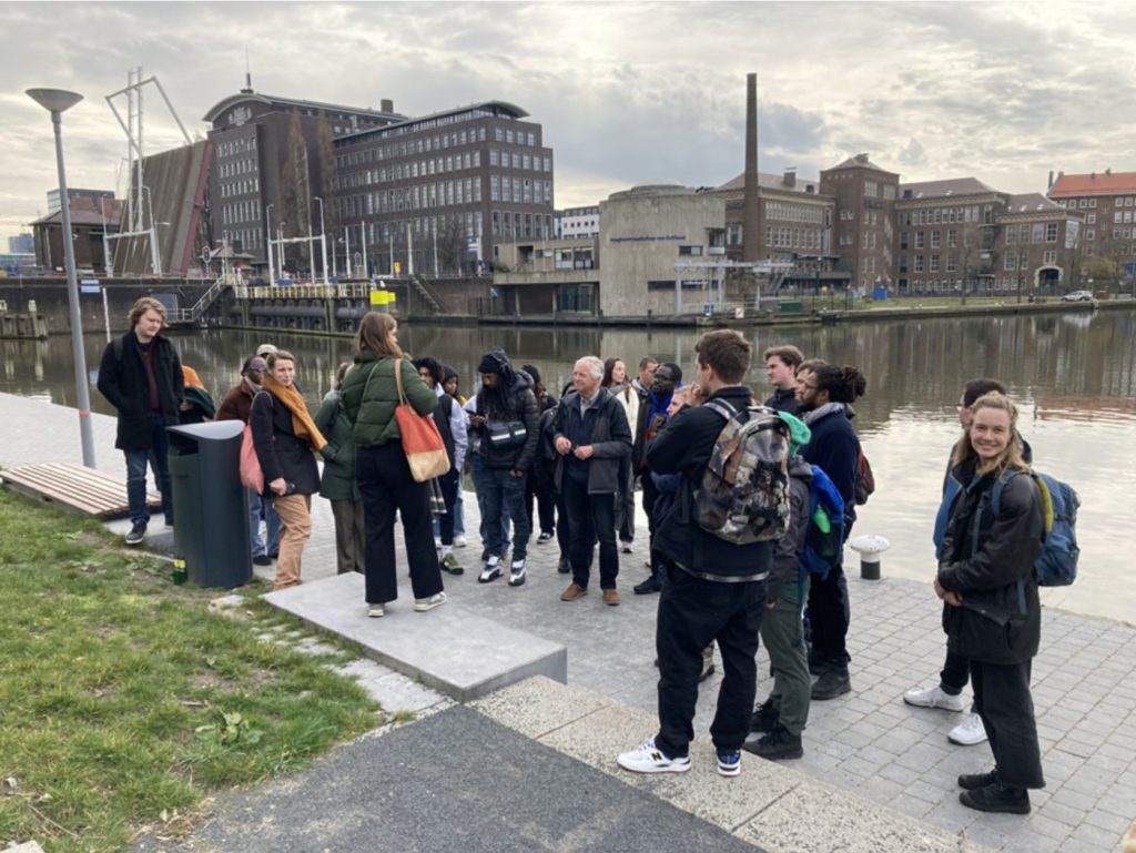 Morgan and RAvB students and faculty walking and talking in Rotterdam in March 2023. Photo by Cristina Murphy.
