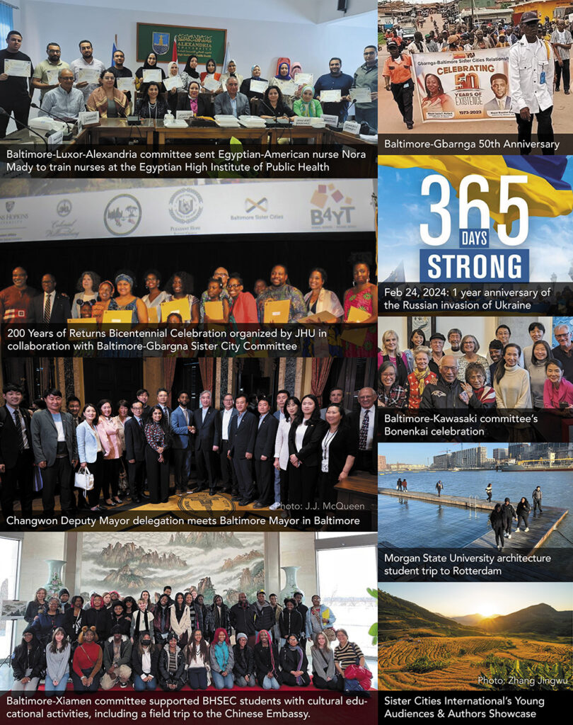 Photo collage of Baltimore Sister Cities activities in 2023. See the 2023 Report PDF for details about these activities.