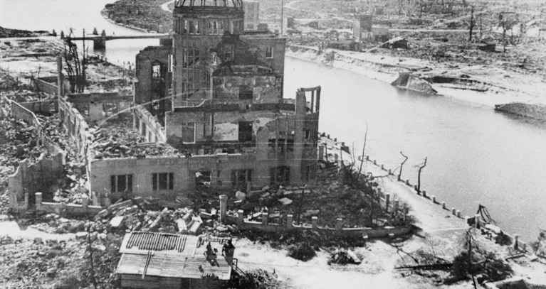 The Hiroshima Prefectural Industrial Promotion Hall in the city of Hiroshima, Japan right after the bombing on Aug 6, 1945. This building is now the Hiroshima Peace Memorial
(Genbaku Dome).