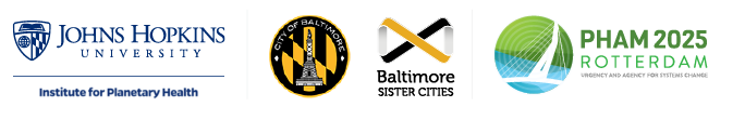 Logos of Johns Hopkins University Institute for Planetary Health; Baltimore City; Baltimore Sister Cities; Planetary Health Alliance Meeting 2025 (Urgency and Agency for Systems Change)