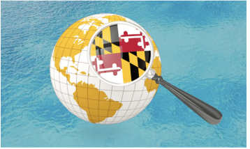 A white and yellow globe with a magnifier glass showing the Maryland flag. Provided by the Maryland/Washington D.C. District Export Councils.