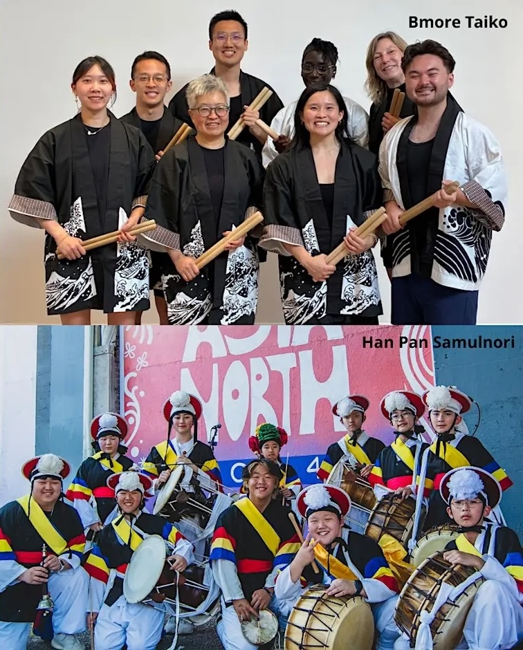 2 photos: One of B'more Taiko (Japanese-style drumming group) and one of Han Pan Samulnori (Korean-style percussion group).