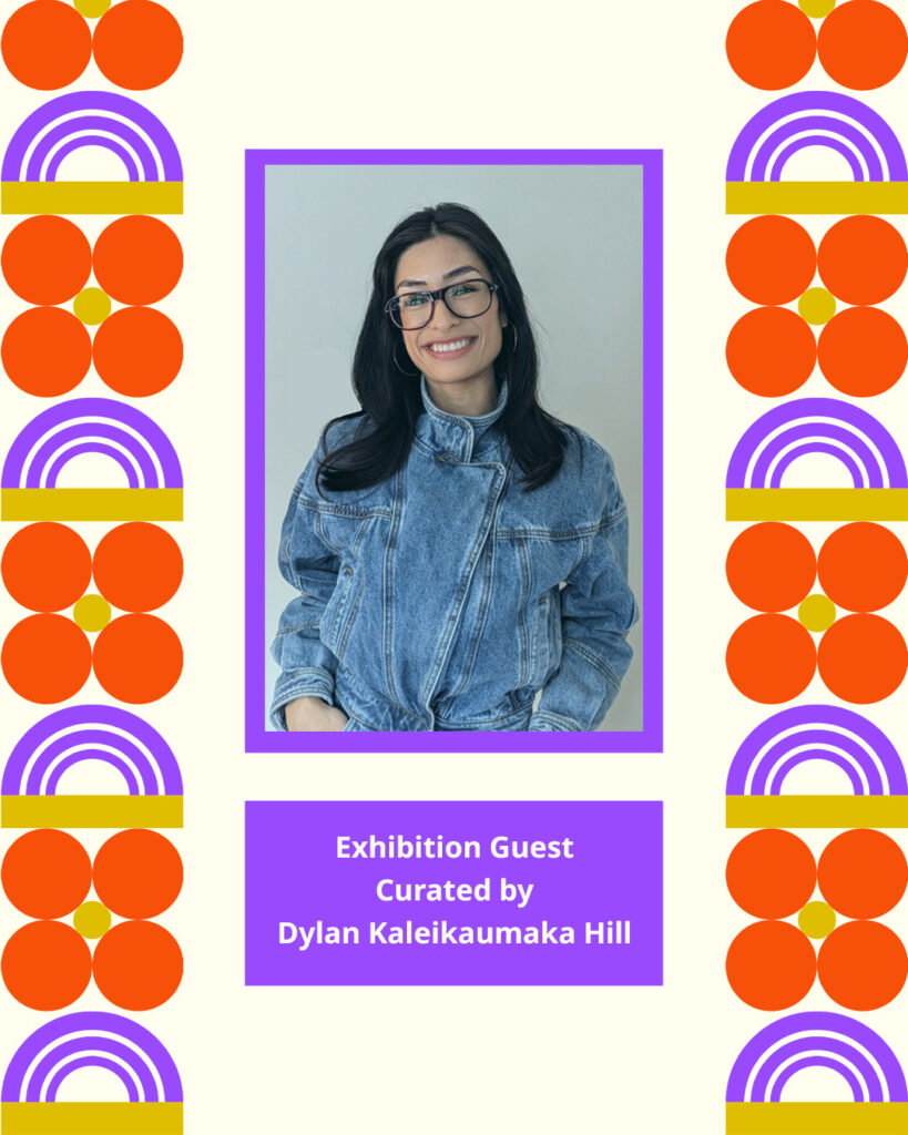 Asia North 2026 Exhibition is Guest Curated by Dylan Kaleikaumaka Hill. (Photo of Dylan Kaleikaumaka Hill and the background pattern from Asia North Festival: a pattern of red, purple and gold shapes.