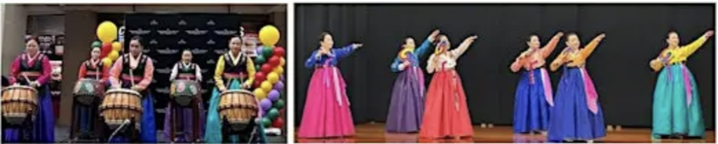 Left side: Korean women drummers 

Right side: Korean women dancing in traditional clothing 