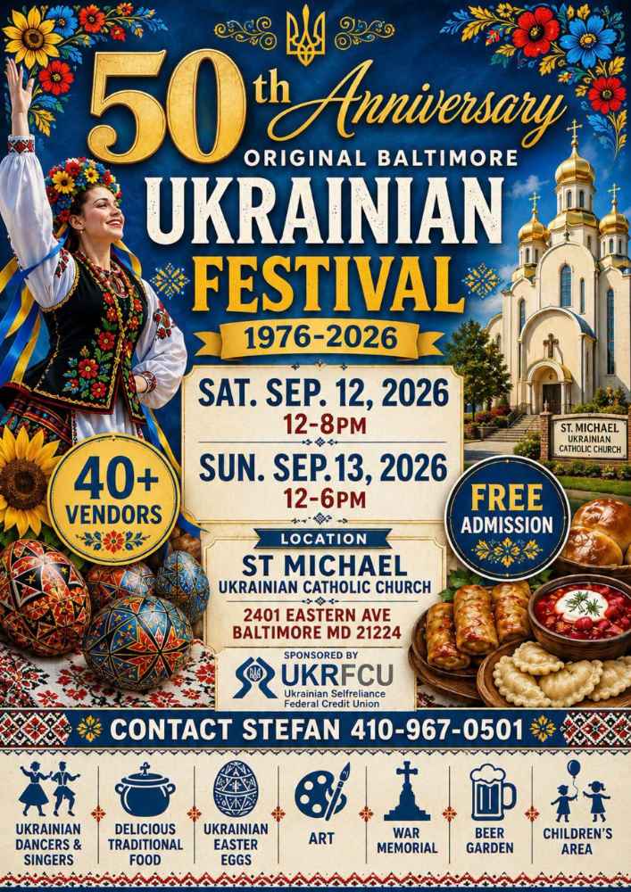 Color poster with information about event with Ukrainian food and dress.