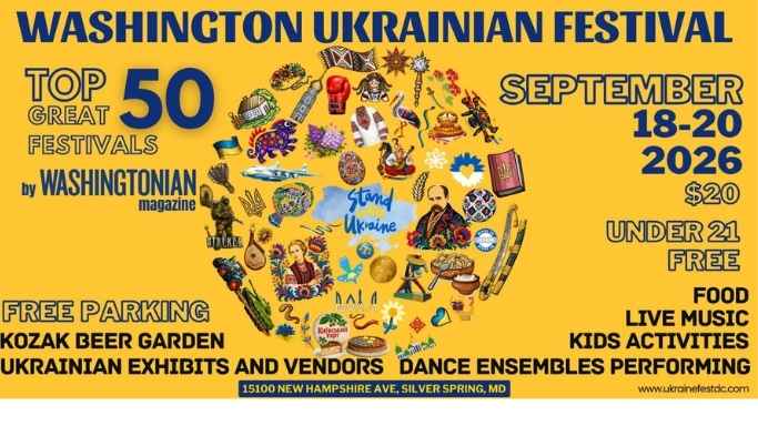 cultural object and textiles from Ukrainian in a circle with information of event around borders. 