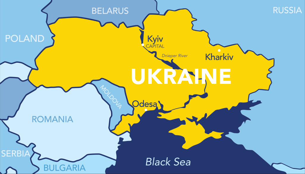 Map of Ukraine, showing the location of the cities of Kyiv, Kharkiv, and Odesa, and showing neighboring countries.