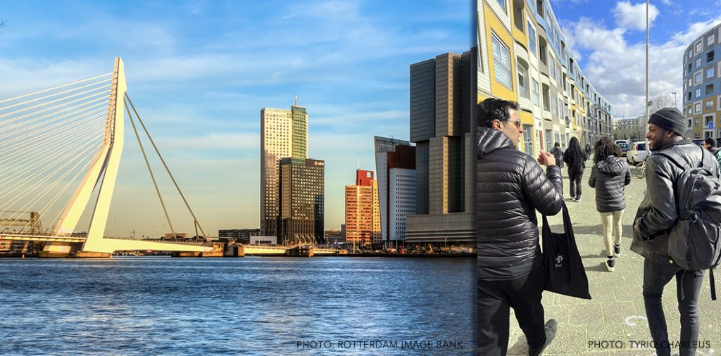 Left: Erasmus Bridge and the skyscrapers along the Kop van Zuid waterfront in Rotterdam. Right: Students walk by the Peperclip housing complex in Rotterdam.